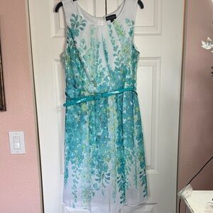 Connected Apparel Floral Chiffon Dress Size 16 Teal White Sleeveless Belted